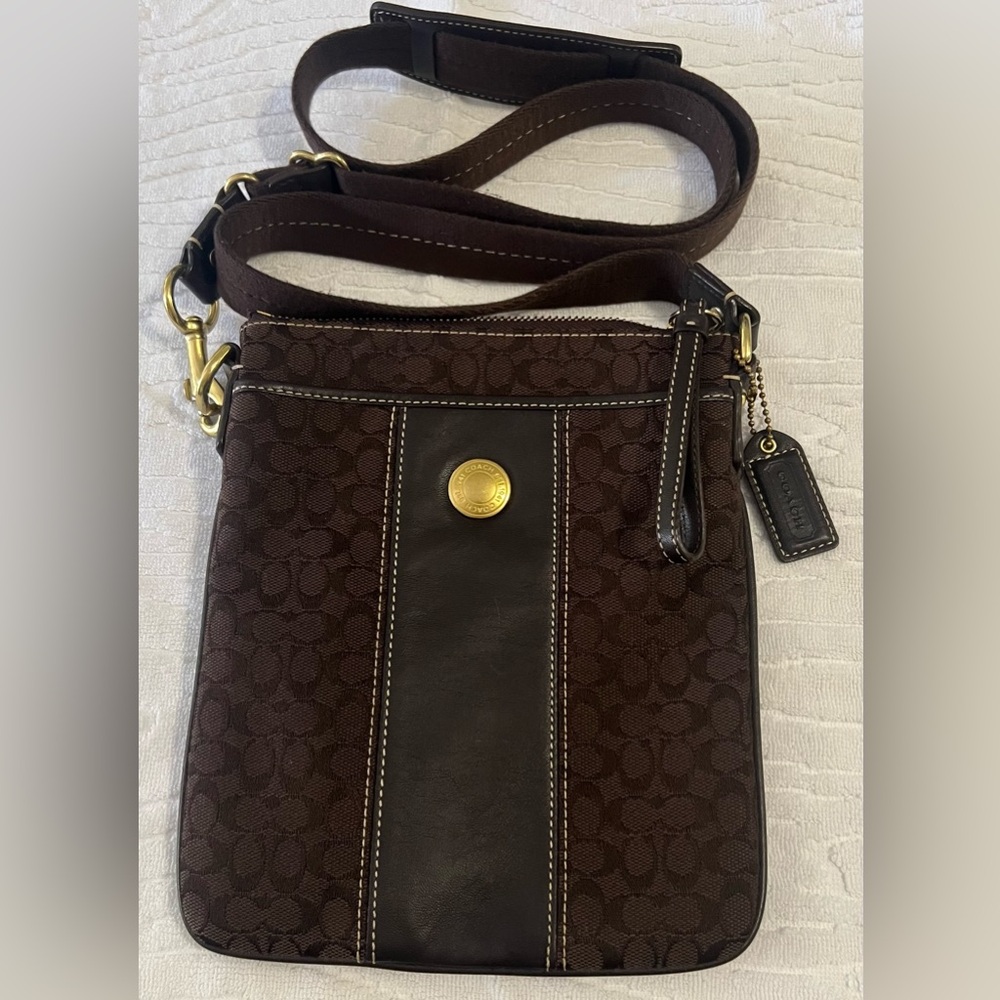 Vintage Coach Signature Logo Crossbody Purse Bag Brown Leather Canvas -EUC